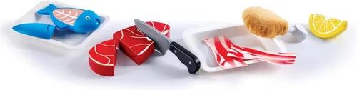 Vista 8 de Hape Tasty Proteins Set Juego de comida de madera para niños, juego básico de ingredientes y accesorios de cocina, multicolor