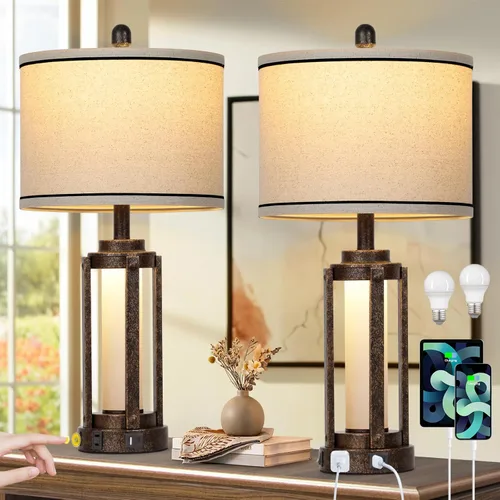 Vista 10 de Modern Table Lamps Set of 2, Industrial 3-Way Dimmable Bedside Lamp with USB A+C Ports & AC Outlet, 25" Touch Control Nightstand Lamp LED Night