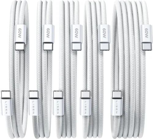 Vista 29 de LISEN Cable USB C, paquete de 5 cables USBC a USBC [0.5 pies] para iPhone 17 16e 15 Pro Max, cable de carga rápida de 60 W C a C para Galaxy Negro