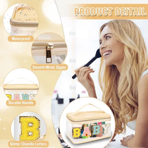 Vista 3 de izuzta Bolsas de maquillaje transparentes con letras de chenilla, bolsa de maquillaje de parche preppy con asa