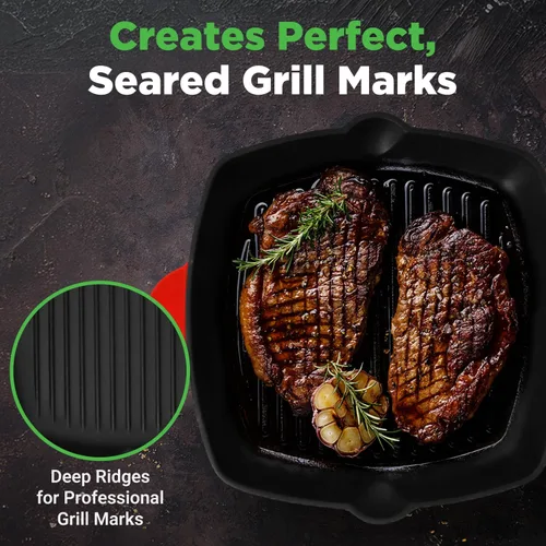 Vista 3 de NutriChef Sartén antiadherente de hierro fundido, sartén cuadrada de cocina de 11 pulgadas, carne esmaltada con boquilla de goteo lateral
