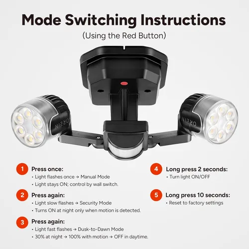 Vista 3 de OREiN Luz de seguridad con sensor de movimiento para exteriores, luz LED reflectora de doble cabeza ajustable, 3 modos