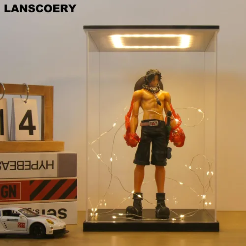 Vista 3 de LANSCOERY Vitrina de acrílico transparente con doble luz, soporte de caja de exhibición de cubo con base negra, escaparate de protección a prueba