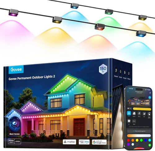 Vista 10 de Govee Luces exteriores permanentes 2, luces exteriores RGBIC de 100 pies con 72 luces LED, impermeables IP67, 100 modos de escena con 40lm de blanco