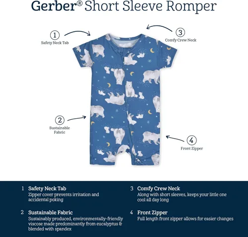 Vista 5 de Gerber Mameluco unisex de manga corta suave para bebé con viscosa fabricado con eucalipto