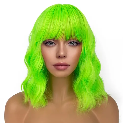 Vista 26 de Pelucas cortas estilo Bob con flequillo para mujer, peluca ondulada suelta rizada ondulada longitud al hombro, peluca sintética estilo Bob para Verde