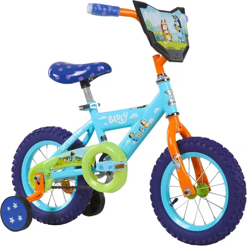 Bicicleta infantil de 12 pulgadas Bluey de Dynacraft para niños y niñas con ruedas de entrenamiento, freno de contrapresión, estructura resistente,