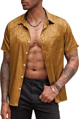 COOFANDY Camisas de verano para hombre, de manga corta, de satén de seda, jacquard, camisas casuales de playa con botones