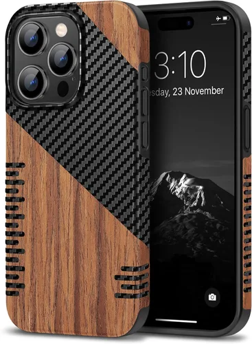 Vista 20 de TENDLIN Compatible con Funda para iPhone 15, Funda de Madera con Textura de Fibra de Carbono, Diseño Híbrido de Cuero Delgado (Negro)