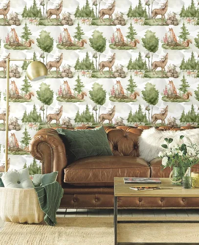 Vista 5 de Blooming Wall DPY25-5 - Papel tapiz autoadhesivo removible con diseño de animales en bosques verdes Acuarela verde