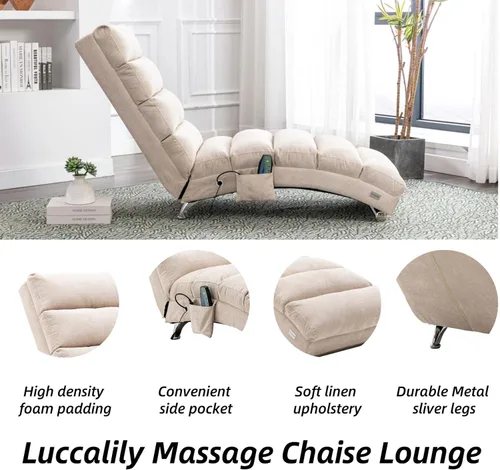 Vista 5 de Chaise Lounge de lino para interiores con función de masaje eléctrico, moderna silla reclinable para oficina, sala de estar o dormitorio