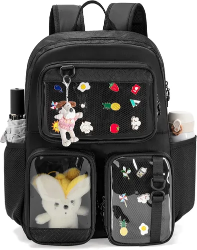 Ita Bolso con Pin de Exhibición Mochila con Inserción, Mochila Estética Kawaii con Funda para Laptop para Cosplay y Concierto, Negro, Mediana