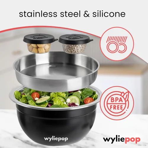 Vista 6 de Kit de ensaladera de acero inoxidable de 64 onzas y 3 cubiertos de bambú con 2 recipientes para condimentos, bandeja de inserción, cuenco y tapa a