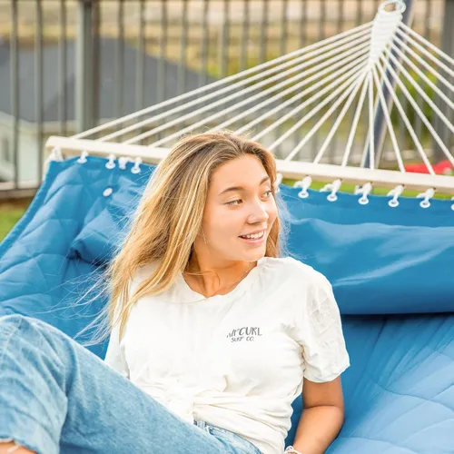 Vista 2 de ANOW Hamaca doble con combo de soporte de acero resistente de 12 pies, hamaca acolchada para 2 personas con soporte para exterior, capacidad