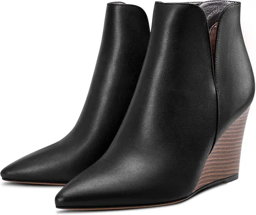 Vista 4 de Aachcol Botines de cuña para mujer, botines cortos con punta puntiaguda, tacón alto y grueso, mate, 4 pulgadas