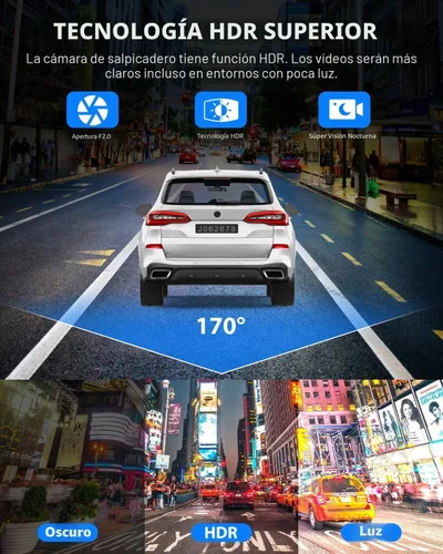 Vista 8 de Cámara de tablero frontal y trasera, cámara de tablero 1080P para automóviles, cámara de automóvil de 3 canales frontal trasera e