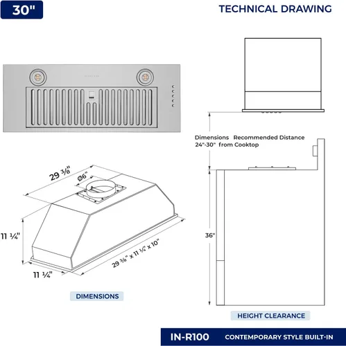 Vista 7 de Hauslane Campana extractora Serie Chef R100 Campana extractora empotrada/empotrada de 30 pulgadas Acero inoxidable compacto Extractor de cocina