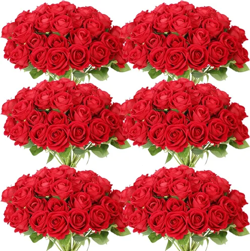 Vista 7 de 50 rosas artificiales, ramo de rosas rojas falsas, rosas rojas de seda artificial con tallos para decoración de flores de boda, día de San Valentín