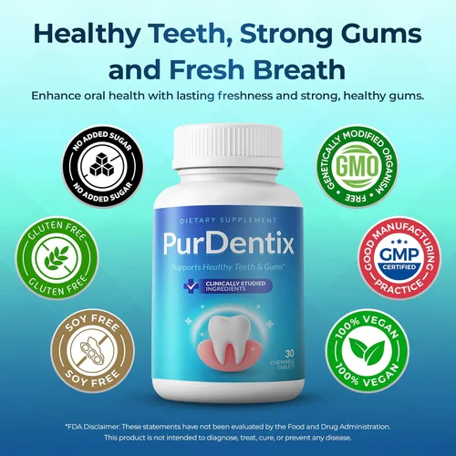 Vista 5 de PurDentix Probiótico para la salud oral, fórmula de 4 cepas para encías, dientes y aliento fresco saludables, 90 tabletas masticables