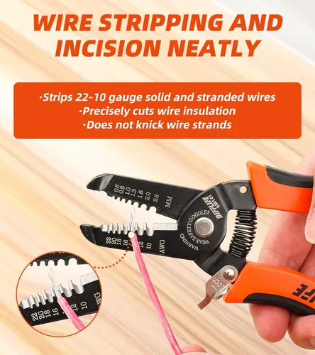 Vista 5 de Cortador pelacables de 10-22 AWG y herramienta manual multifunción, diseño de mango profesional y artesanía refinada.
