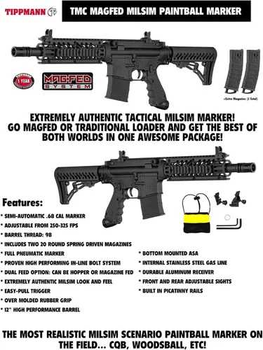 Vista 2 de Maddog Tippmann TMC MAGFED Paintball Gun Marker & Accessory Starter Packages Marker, 48ci/3000psi Compressed Air Tank, Mask, Hopper, Pods, Harness