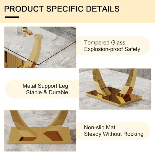 Vista 5 de Juego de mesa de comedor de cristal para 6, juego de mesa de cocina moderno para 6, mesa de vidrio templado de 71 pulgadas con base dorada