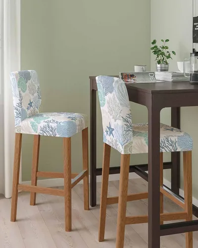Vista 2 de Juego de 4 fundas para taburetes de bar, fundas elásticas para sillas de comedor, diseño de estrella de mar náutica, fundas extraíbles para sillas
