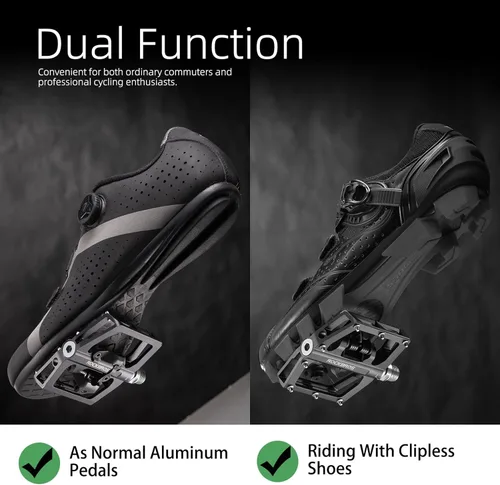 Vista 2 de ROCKBROS Pedales de bicicleta de montaña MTB, pedales de aluminio compatibles con SPD de doble función, pedales sin clip, plataformas planas
