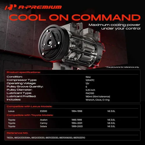 Vista 2 de A-Premium Compresor de aire acondicionado con embrague compatible con Toyota Camry 1994-2001, Avalon 1995-1999, Solara 1999-2003, Lexus ES30