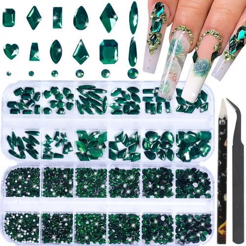 Vista 13 de HNUIX Diamantes de imitación para uñas, cristal 3D de múltiples formas, gemas de uñas Aurora de cristal, parte trasera plana, con kit para arte