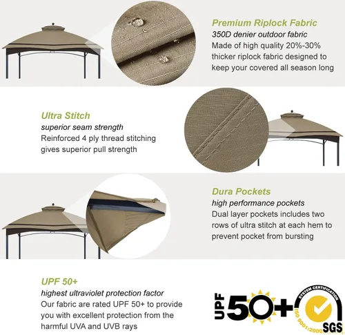 Vista 10 de ABCCANOPY Riplock Toldo Superior de Repuesto para Cenador para Lowe's Allen Roth #GF-12S004B-1, Caqui