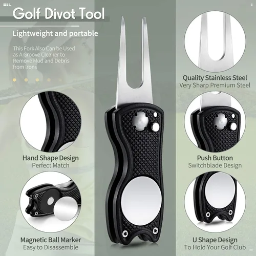 Vista 3 de 6 paquetes de herramientas de reparación de golf de acero inoxidable plegable de golf Divot herramienta magnética de botón de golf marcador