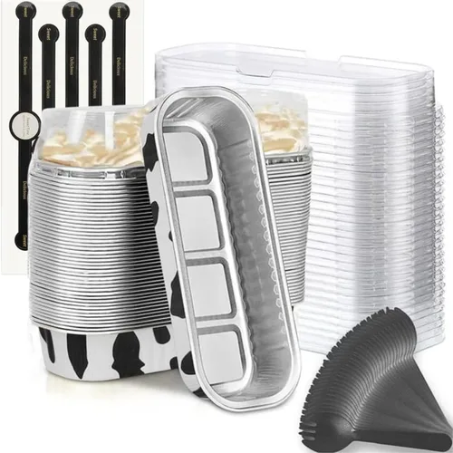 Vista 19 de Findful Mini Moldes para Hornear Pan con Tapas y Cucharas (Paquete de 50, 6.8oz) Moldes Rectangulares de Papel de Aluminio para Hornear Recipientes