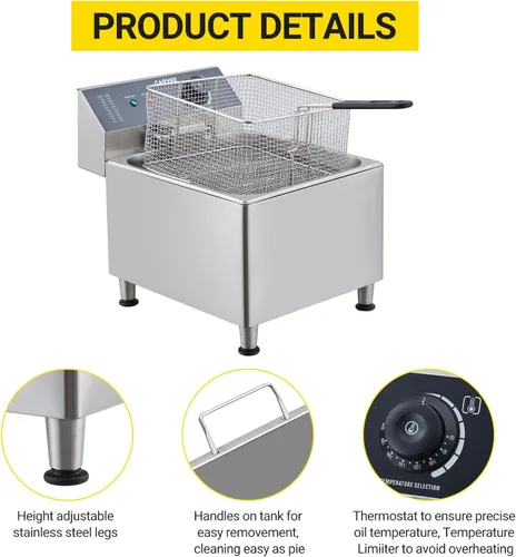 Vista 2 de Freidora eléctrica comercial de acero inoxidable 1700 W - 201 con termostato ajustable, cesta extra gruesa de 6 libras y tapa protectora contra