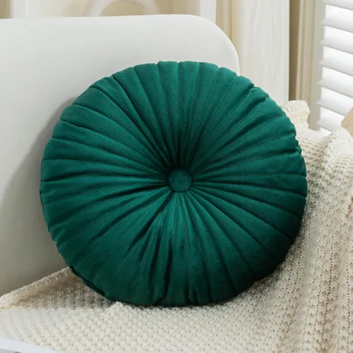 Vista 7 de Teieas - Almohada redonda de terciopelo plisada para decoración, cojín redondo para sofá, silla, cama, coche, burdeos