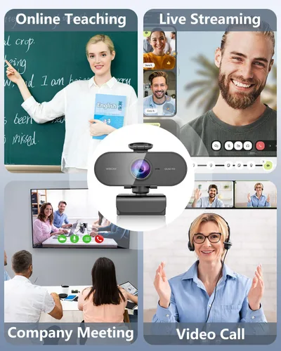 Vista 4 de Cámara web 2K para PC con micrófono, cubierta deslizante de privacidad, cámara web de transmisión para laptop Mac, cámara externa USB