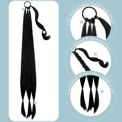 Vista 3 de FELENDY Extensión de cola de caballo trenzada larga y recta, envolvente, cola de caballo, cabello natural lindo para mujer, 30 pulgadas, negro oscuro