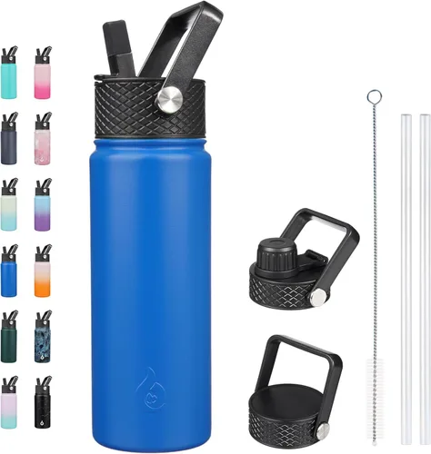 Vista 87 de BJPKPK - Botellas de agua aisladas con tapa de popote, botella de agua de acero inoxidable de 27 onzas con 3 tapas, termo de metal libre de BPA a