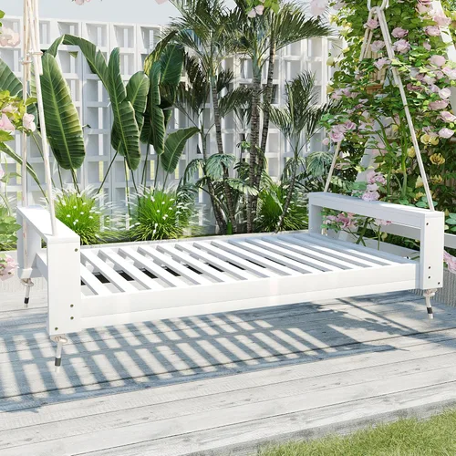 Vista 8 de Merax Columpio de madera de acacia para patio y jardín, sofá cama de día con cuerdas de cáñamo, fácil de montar, gris