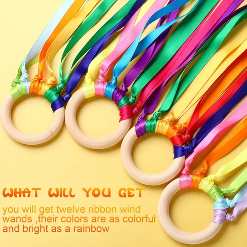 Vista 4 de Deekin 12 piezas de cinta de arco iris de madera Waldorf juguetes creativos Waldorf juego de cometas de mano serpentinas con anillo de madera