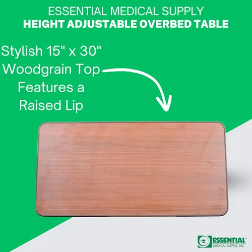 Vista 4 de Essential Medical Supply Mesa automática de altura ajustable para colocar sobre la cama, parte superior de madera con ruedas de bloqueo, perfecta