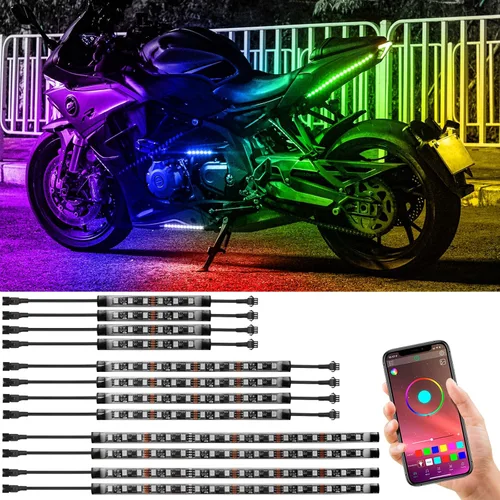 Vista 8 de 10 piezas de kit de luces LED de bajo de motocicleta, tiras de luces LED RGB, kit de luces LED de bajo de motocicleta con control de APP para Harley