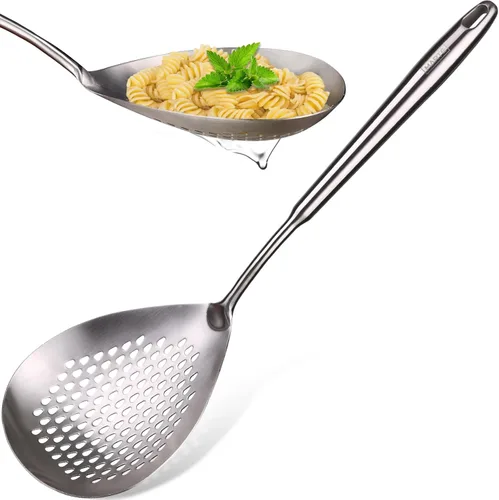 Vista 23 de MARTE Cuchara ranurada de 14.8 pulgadas para pasta, cuchara para cocinar y freír, cuchara coladora de cocina con mango de madera negra resistente al