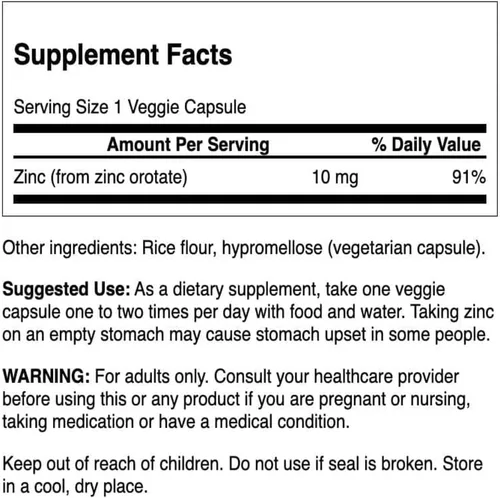 Vista 2 de Swanson Orotato de zinc 10 miligramos de zinc elemental 60 cápsulas vegetales
