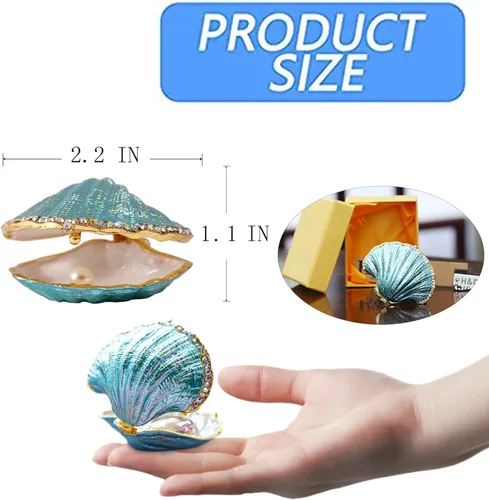 Vista 2 de H&D HYALINE & DORA Caja de metal y cristal para anillos, figura pequeña de concha de mar, centro de mesa coleccionable (mejillón perlado)