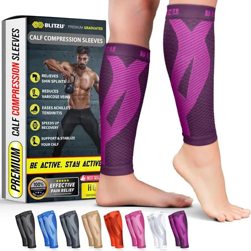 Vista 14 de BLITZU - Manga de compresión para pantorrilla, unisex, calcetas de compresión sin pie, soporte para corredores, pernera, pantorrillera para alivio