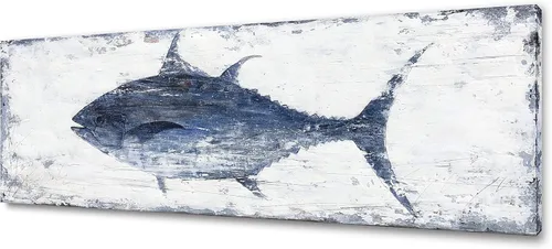 Yihui Arts Lienzo de pared pintado a mano, pintura abstracta de atún, obra de arte moderna, imágenes costeras en color azul y blanco para decoración