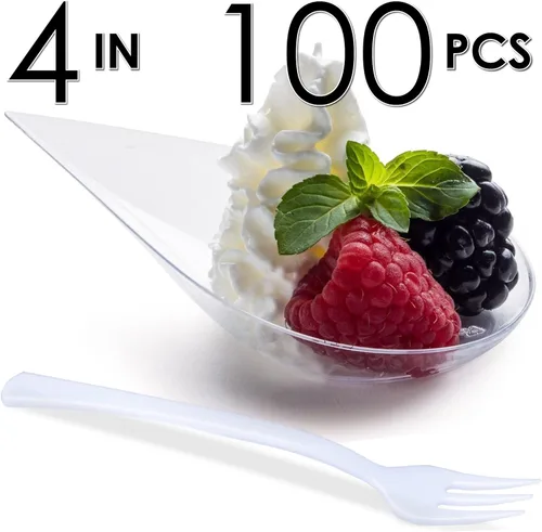 Vista 7 de DLux 100 mini platos de aperitivo en forma de lágrima de 4 pulgadas con tenedores, cucharas de plástico transparente reutilizables - platos