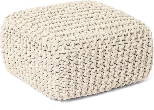 Vista 9 de REDEARTH Puf Otomano Redondo - Tejido a Mano Cable Boho Poof - Pouffe Reposapiés Circular para Sala de Estar - Dormitorio - Patio - 100% Algodón