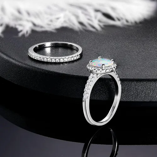 Vista 4 de MDFUN - Anillo de compromiso con halo de ópalo para mujer, anillo de circonia cúbica creado de 2 en 1, chapado en oro blanco de 18 quilates, anillos